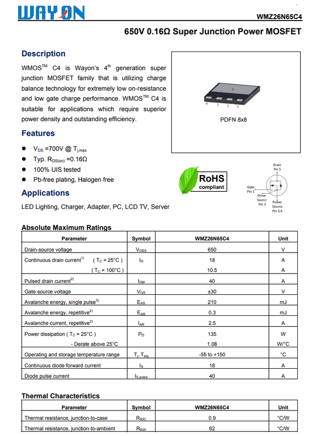 Wayon代理商，維安代理商，65W PD電源， 超結(jié)MOS管WMZ26N65C4 ， 同步整流管WMB085N10LG2