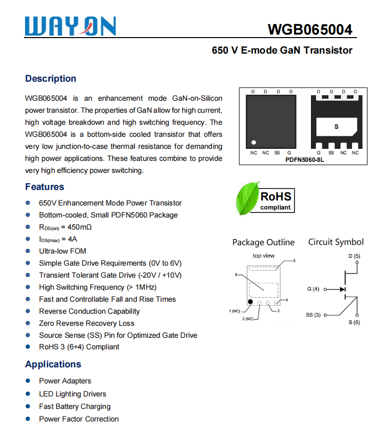 Wayon代理，維安代理，WGB065004，氮化鎵芯片， 650 V E-mode GaN Transistor