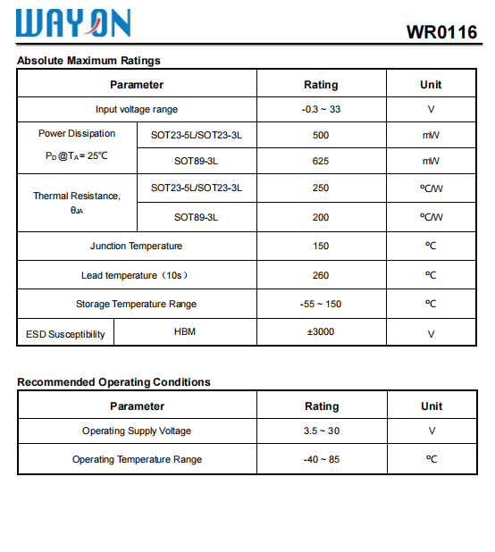 Wayon代理，維安代理，超低功耗CMOS LDO ，WR0116系列 ，WR0116-33A21R ，WR0116-33A51R， WR0116-33A31R