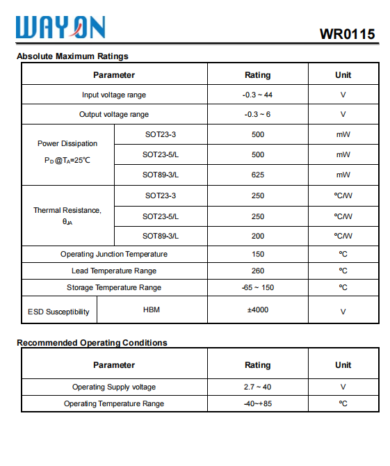 Wayon代理商，維安代理商，40V 150mA高壓穩(wěn)壓器LDO， WR0115系列， WR0115-33A30R ，WR0115-33A50R ，WR0115-33A20R