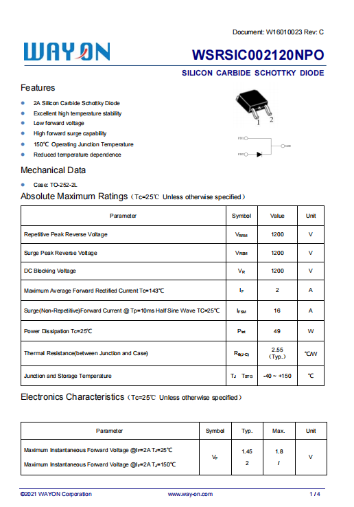 Wayon代理商，維安代理商，SiC Schottky Diode， 碳化硅肖特基二極管，WSRSIC002120NPO.png